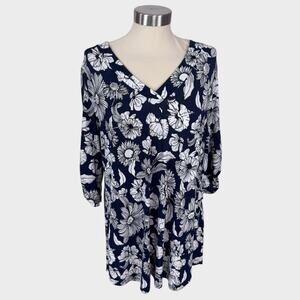 jm Boutique L Navy Blue White Floral 3/4 Sleeve V Neck Polyester Spandex